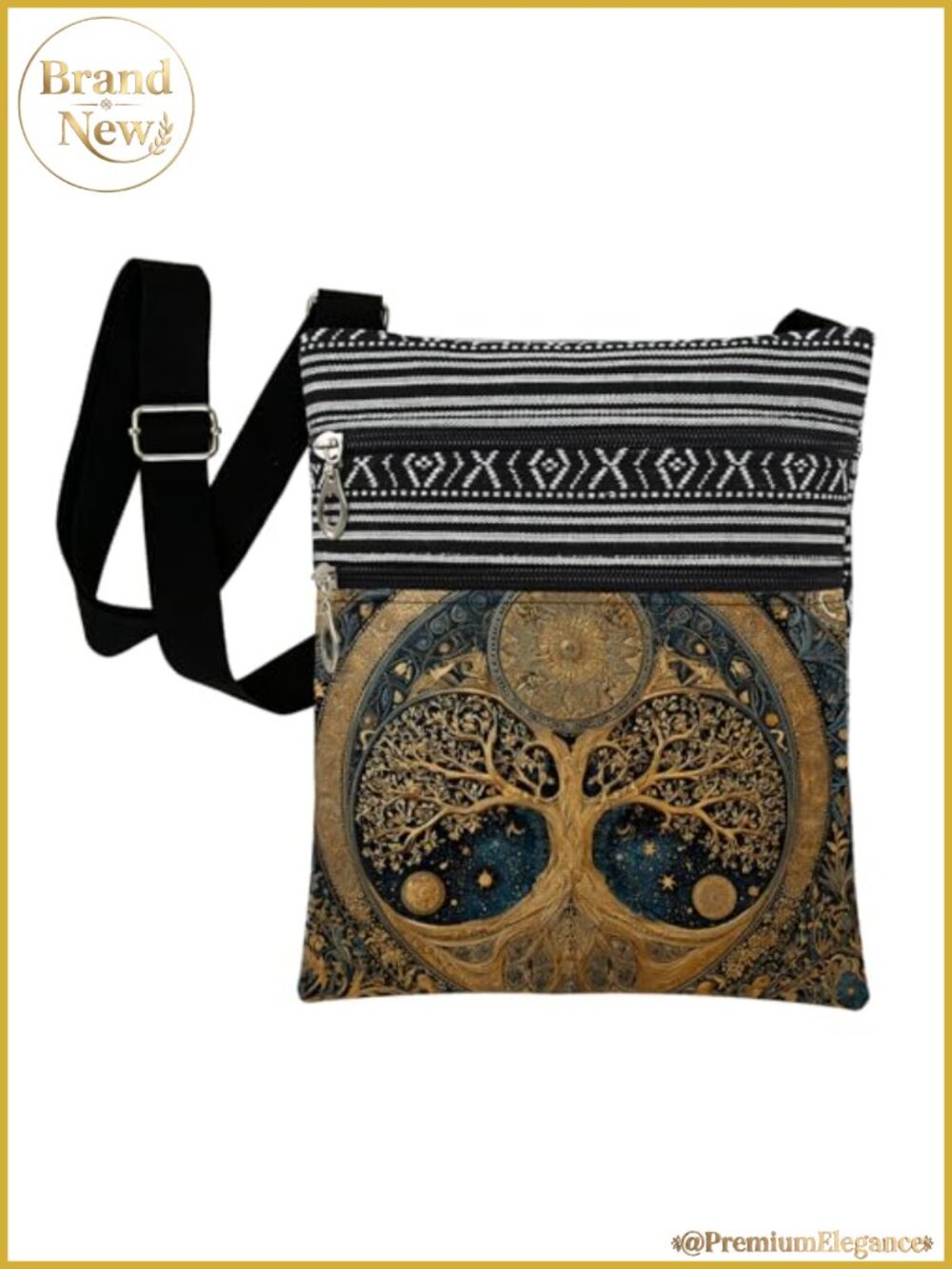 Tree of Life Print Adjustable Crossbody Bag with Zipper Closure